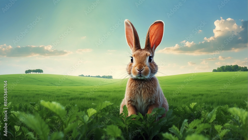 Wall mural a brown rabbit is sitting in a green grassy field - Wall murals