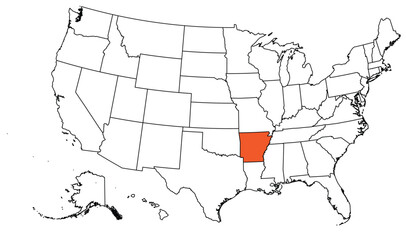 The outline of the US map with state borders. The US state of Arkansas