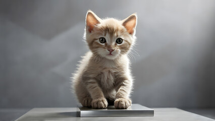 A close-up of a cute gray-brown kitten sitting on a metal piece with a forward gaze against a...