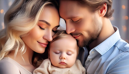 A serene portrait of parents with their happy, peaceful, and calm baby