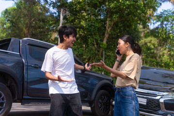 Car insurance concept. Two Drivers Arguing After car hit from behind after traffic accident. Two...