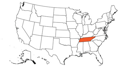 The outline of the US map with state borders. The US state of Tennessee