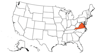 The outline of the US map with state borders. The US state of Virginia
