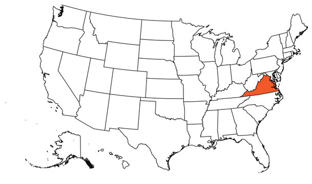 The outline of the US map with state borders. The US state of Virginia