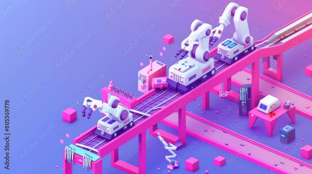 Poster an isometric landing page for a robotics factory. robot arms create electronic production on a conve