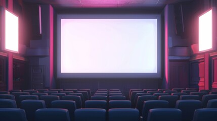 Movie theater screen, lightbox in movie hall, rows of seats. A white glowing display for video presentation. 3D modern empty plasma panel with realistic lighting and reflections.