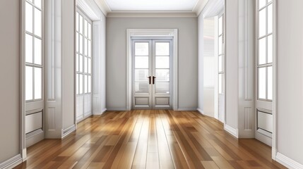 Hallway interior with window and door with glass panels. Empty modern room inside view. A realistic 3d modern illustration of an interior hallway with white walls and wooden floor.