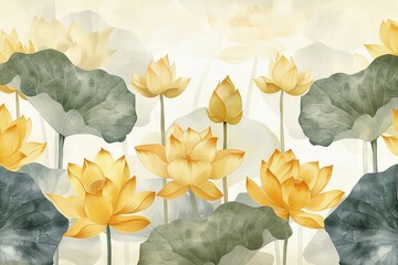 Gold-colored lotus flowers and leaves against a white background, embodying purity and enlightenment