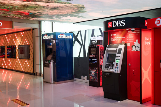 SINGAPORE - OCTOBER 09, 2023: BDS ATM machine positioned alongside Citibank and OCBC ATM machines.