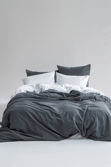 Minimalistic Bed with Warm White Bedding on White Background
