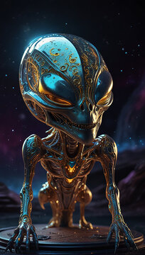 a strange space alien creature, with a golden metallic color and crystal elements 09