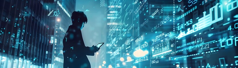 Obraz premium A digital background of business people using mobile phones and laptops, displaying data visualizations such as graphs and charts with numbers