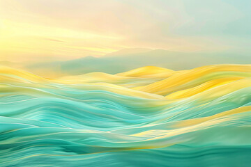 A serene landscape of aqua and soft yellow waves merging smoothly, evoking the peaceful flow of a slow river under a sunset sky.