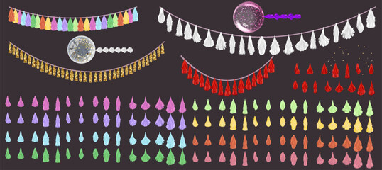 Party decoration set garlands and buntings made of tassels, stars, beads, pompoms. Party supplies. Flat vector illustration