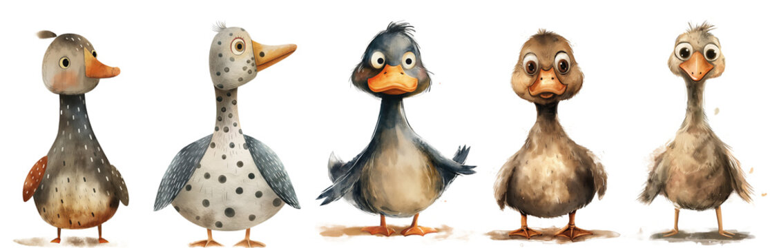 Quirky cartoon ducks set on transparent background. Watercolor illustrated book style. Farm animals