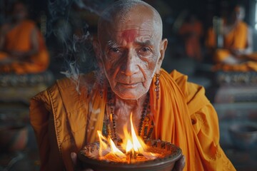 Fototapeta premium An elderly monk in traditional orange robes performing a sacred fire ritual in a temple setting