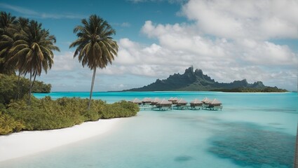 Fototapeta na wymiar A peaceful and tranquil lagoon in Bora Bora, French Polynesia, with crystal-clear waters and overwater bungalows dotting the shoreline - Generative AI