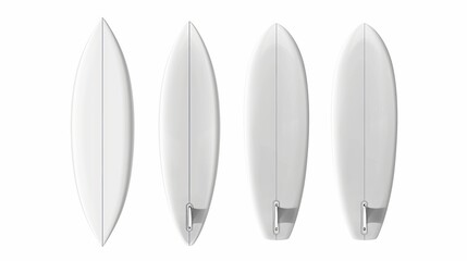 Fototapeta premium A mockup of a white surfboard for beach activity, surfing on sea waves. Modern realistic mockup of a white surfboard on a white background. Leisure sports equipment isolated on white.