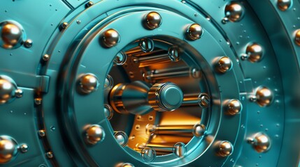 A motion sequence for opening and closing a bank safe vault door. Metal steel round gates close, slightly ajar, and open on an isolated mechanism with welds and rivets. The castle vault door opens