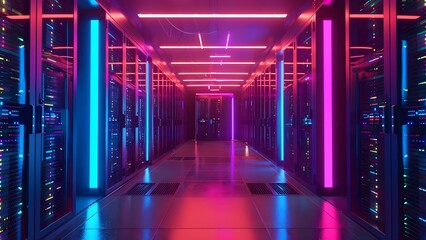 Fototapeta premium Vibrant server room with neon racks network equipment and fiber optics. Concept Server Room, Neon Racks, Network Equipment, Fiber Optics, Vibrant Colors