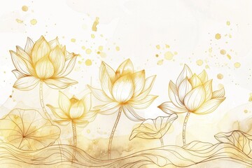 Gold-colored lotus flowers and leaves against a white background, embodying purity and enlightenment