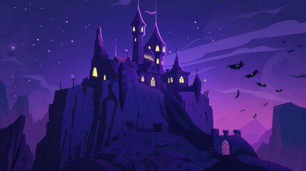 Obraz premium Fantasy Dracula home with pointed tower roofs, glowing windows, and bats flying in dark sky. Dreadful castle on rock at night, haunted gothic palace in mountains, cartoon modern illustration.