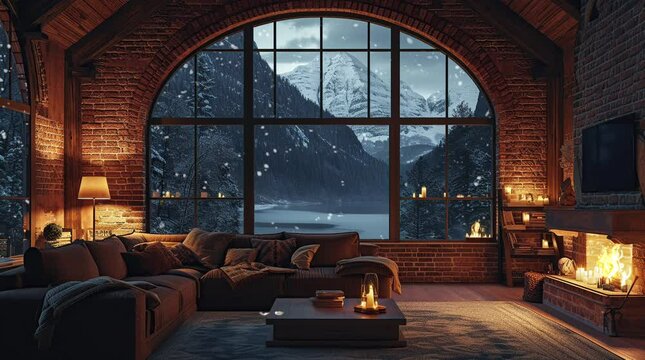 Cozy castle room: Sofa by the window with a warm lamp glow, overlooking winter wonderland
Seamless looping 4k time-lapse virtual video animation background. Generated AI