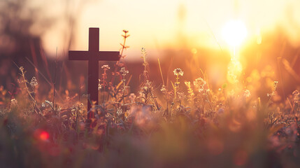 Sunset Serenity: A Cross Amidst a Field of Blooms