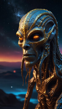 a strange space alien creature, with a golden metallic color and crystal elements 010