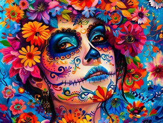 A woman with colorful sugar skull makeup and flowers.