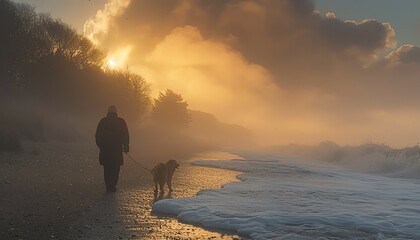 Elderly man walking a dog along a peaceful beach, serene morning, soft waves