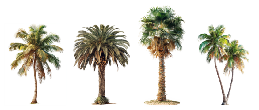 Palm tree set isolated on transparent background. Generative AI