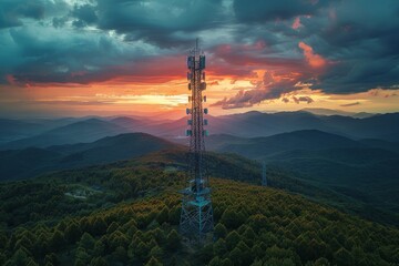 Obraz premium A majestic sunset casts a fiery glow over a communication tower surrounded by a serene forest landscape