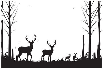 Black silhouette of deer family with baby and forest fir trees wildlife adventure hunting camping landscape panorama illustration icon for logo, isolated on white background