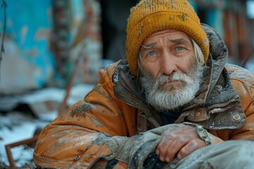 An old man wrapped in layers stares out with a look of endurance against harsh weather