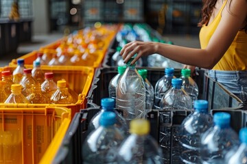 A young woman in yellow sleeves putting a plastic bottle in a recycling bin among many other colorful plastic containers