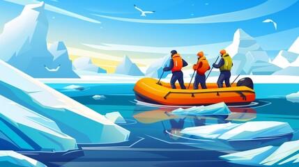 Concept of scientific research on north pole or Antarctica. Cartoon illustration of people with boats on polar ice.