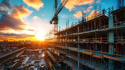 Construction site of a large building with metal structure at sunset. Concept Construction Site, Large Building, Metal Structure, Sunset Views