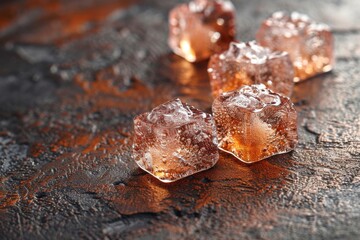 Copper-colored ice cubes glistening with moisture on an elegant dark rustic background symbolize luxury