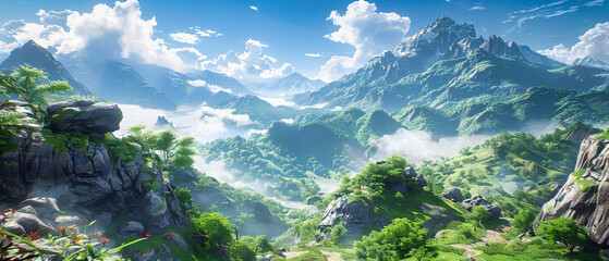 Serene mountain landscape with rolling clouds and vibrant greenery, perfect for hiking and exploring