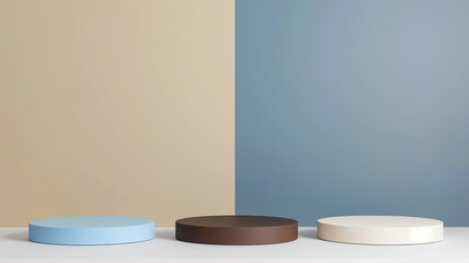 Minimal Podium with blue and blue wall Background. Three model marble podiums for the advertising industry. Copy paste area for product