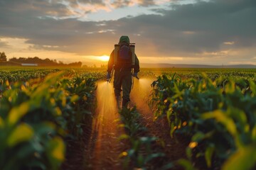Fototapeta premium A lone hiker with a backpack treks along a path through lush corn plants, illuminated by a warm, radiant sunset in the countryside