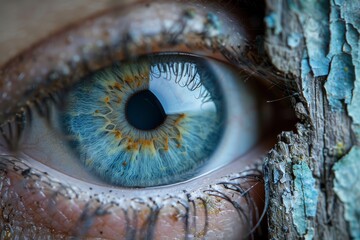 The striking image of a detailed close-up of an eye with a vivid blue iris and textured skin