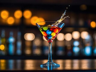 Martini Magic, Marvel at the burst of color as a cocktail splashes into a martini glass, adding an artistic touch to the bar counter.