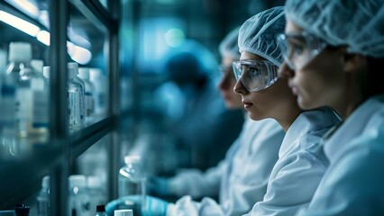 Monitoring Pharmaceutical Production: Employees in Lab Coats and Protective Gear. Concept Pharmaceutical Production, Lab Coats, Protective Gear, Employee Safety, Quality Control