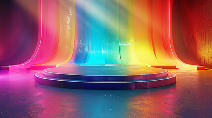 rainbow colored stage in shape of a podium with spotlight minimalist and glossy for presenting product presentations