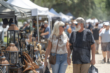 People browsing outdoor art markets in summer. Casual shoppers exploring a variety of artisan crafts and decorative items. Summer art fair concept