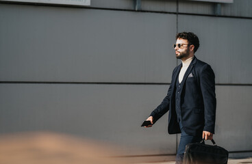 Stylish young professional man in a suit strides confidently in an urban setting, smart phone and...