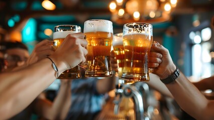 Friends raising beers in brightly lit bar toasting and celebrating together. Concept Celebration, Friends, Bar, Beers, Toasting