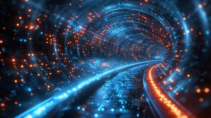 Data Stream with Bitcoin A flowing stream of data with Bitcoin symbols embedded within